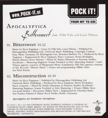 Apocalyptica Bittersweet, Vertigo/Universal europe, 3"