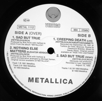 Metallica Sad But True, Vertigo united kingdom, 12" Promo